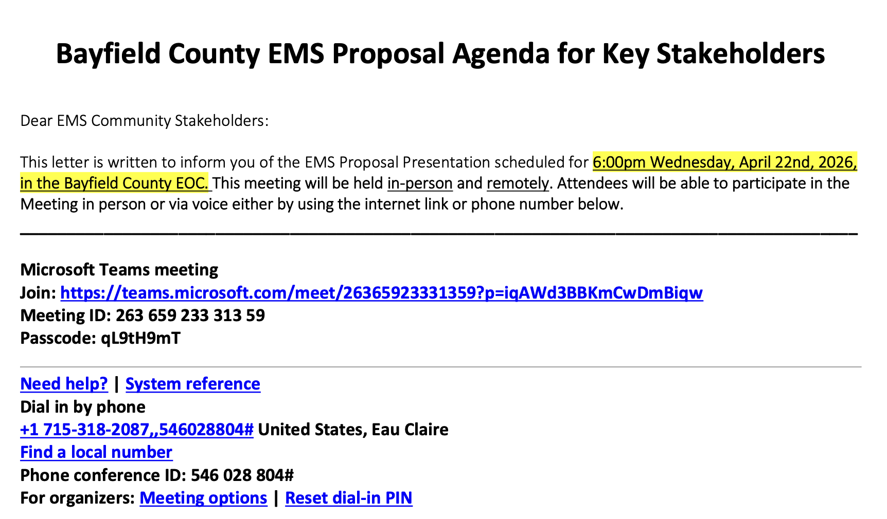 Bayfield County EMS Agenda